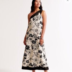 NWT Abercrombie & Fitch One-Shoulder Scarf Dress Black Cream Floral Tie, size LP